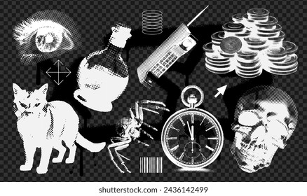 Retro negative photocopy effect futuristic grunge elements collection for design. Abstract three-dimensional skull, cat, eye, cellphone, clock, spider. Vector illustration for poster, banner, sticker