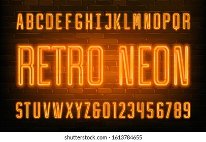 Retro Neon alphabet font. Orange neon condensed letters and numbers. Brick wall background. Stock vector typescript for your typography design.