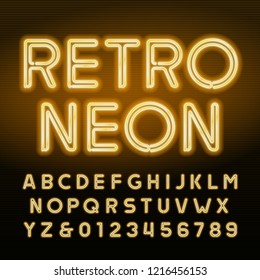 Retro Neon Alphabet. Yellow Neon Tube Letters And Numbers. Vintage Signboard Vector Font.