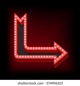 Retro neon arrow with red light. Volumetric 3D pointer with vintage lamps on a black background. The object for your design. Vector illustration