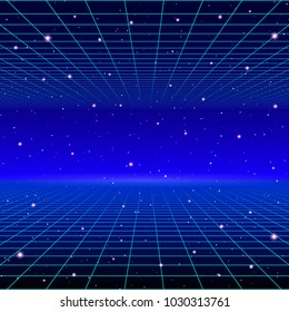 Retro Neon Background With 80s Styled Laser Grid And Stars From Vintage Arcade Computer Games