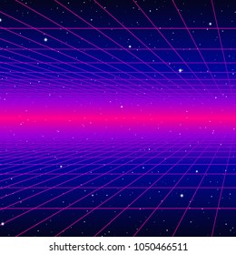 Fondo de neón retro con rejilla láser de estilo de los años 80 y estrellas de videojuegos de arcade antiguos