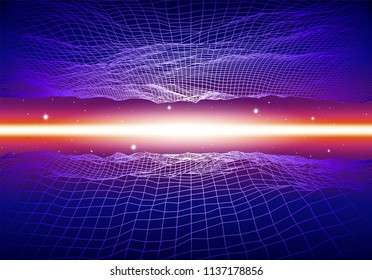 Retro neon background with 80s styled laser grid and stars from vintage arcade computer games
