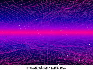 Retro neon background with 80s styled laser grid and stars from vintage arcade computer games