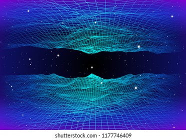 Retro neon background with 80s styled laser grid and stars from vintage arcade computer games