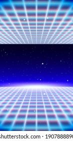 Retro neon background with 80s styled laser grid and stars