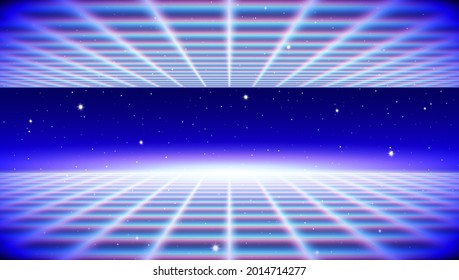 Retro Neon Background With 80s Styled Laser Grid And Stars