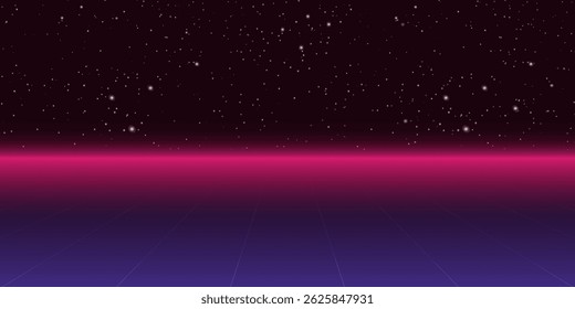 Retro neon background with 80s styled laser grid and stars from vintage arcade computer games