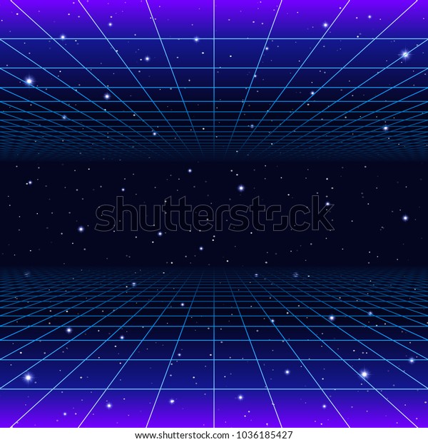 Retro neon background with 80s\
styled laser grid and stars from vintage arcade computer\
games