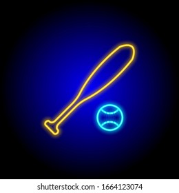 retro neon baseball bat and ball icon on black background