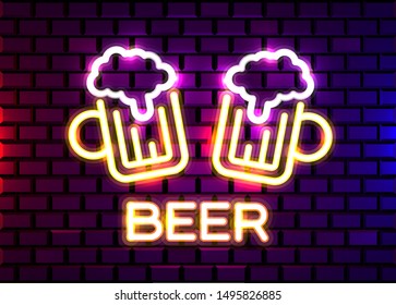 Retro neon Beer Bar sign on brick wall background. Neon design for bar, pub or restaurant business. Craft beer. Vector illustration.