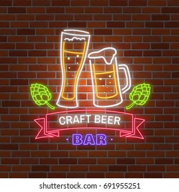 Retro neon Beer Bar sign on brick wall background. Vector illustration. Neon design for bar, pub or restaurant business. Craft beer.