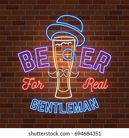 Retro neon Beer Bar sign on brick wall background. Vector illustration. Neon design for bar, pub or restaurant business. Beer for real gentleman.