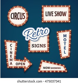 Retro neon bulb signs for cinema and casino. Live show, open, circus, now showing, motel banners. Vector illustration