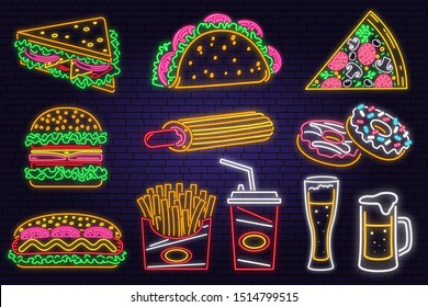 Retro neon burger, cola, beer, french fries and fast food sign on brick wall background. Design for cafe, restaurant Vector. Neon design for pub or fast food business. Light sign banner. Glass tube