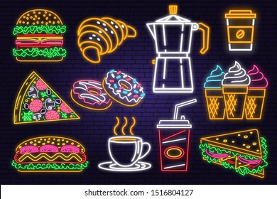 Retro neon burger, cola, croissant , coffee and fast food sign on brick wall background. Design for cafe, restaurant Vector. Neon design for pub or fast food business. Light sign banner. Glass tube