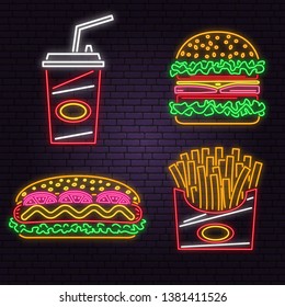 Retro neon burger, cola, hot dog and french fries sign on brick wall background. Design for cafe, restaurant. Vector. Neon design for pub or fast food business. Light sign banner. Glass tube