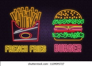 Retro neon burger and french fries sign on brick wall background. Design for cafe, restaurant. Vector. Neon design for pub or fast food business. Light burger and french fries sign banner. Glass tube.