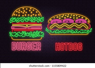 Retro neon burger and hotdog sign on brick wall background. Design for fast food cafe. Vector. Neon design for shop, bar, pub or fast food business. Light burger and hotdog sign banner. Glass tube