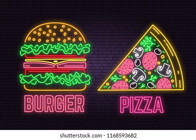 Retro neon burger and pizza sign on brick wall background. Design for fast food cafe. Vector. Neon design for shop, bar, pub or fast food business. Light burger and pizza sign banner. Glass tube