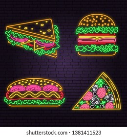 Retro neon burger, sandwich, hot dog and pizza sign on brick wall background. Design for cafe, restaurant. Vector illustration. Neon design for pub or fast food business. Light sign banner. Glass tube