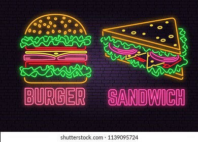 Retro neon burger and sandwich sign on brick wall background. Design for fast food cafe. Vector. Neon design for shop, bar, pub or fast food business. Light burger and sandwich sign banner. Glass tube