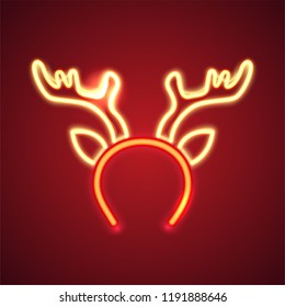 Retro neon Christmas sign. Glowing reindeer horns. Design element for Christmas and New Year. Ready for your design, greeting card, banner. Vector illustration.