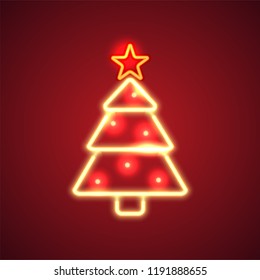 Retro neon Christmas sign. Glowing Christmas Tree. Design element for Christmas and New Year. Ready for your design, greeting card, banner. Vector illustration.
