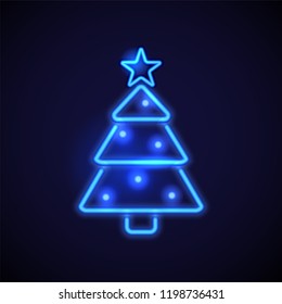 Retro neon Christmas sign. Glowing Christmas Tree. Design element for Christmas and New Year. Ready for your design, greeting card, banner. Vector illustration.