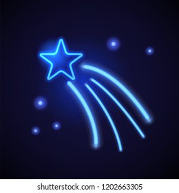 Retro neon Christmas sign. Glowing falling Star. Design element for Christmas and New Year. Ready for your design, greeting card, banner. Vector illustration.