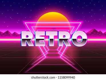 Retro neon city background. Neon style 80s. Vector illustration