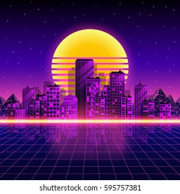 Retro Neon City Background. Neon Style 80's. Vector Illustration