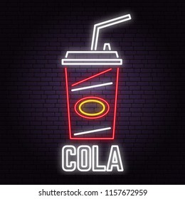 Retro neon cola sign on brick wall background. Design for cafe, hotel,restaurant or motel. Vector. Neon cola design for shop, bar, pub or fast food business. Light sign banner. Glass tube.