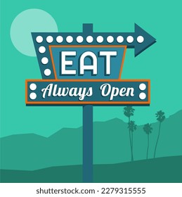 Retro neon eat sign with arrow