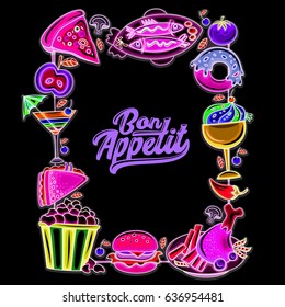 Retro Neon frame: colorful bright food icons, space for your text, black background. Vintage vector light banner. Cartoon illustration, for cafe, restaurant, and food court specials. Menu design