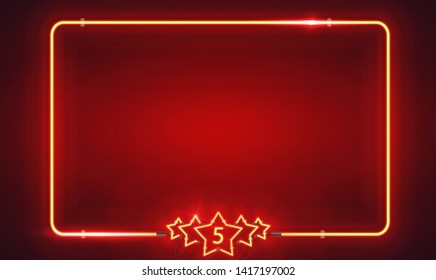 Retro neon frame with five stars and and blank billboard. Raster version. On the red background 