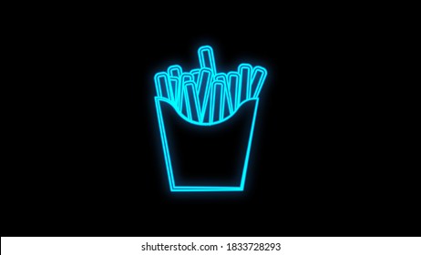 Retro neon french fries sign on brick wall background. Design for cafe, hotel, restaurant or motel.