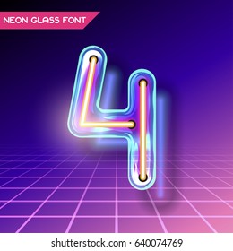 Retro neon glowing glass alphabet font with transparency and shadows. 3D light bulb isolated number 4 on dark backgrounds