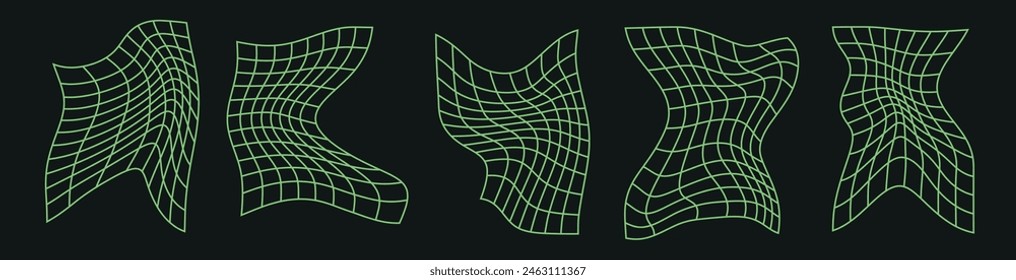 Retro neon green grid with 3D square shapes and glitch pattern. Flat vector illustration isolated on white background.