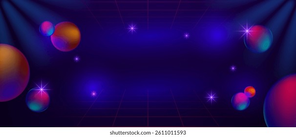 Retro neon grid background with glowing spheres