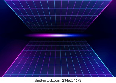 Retro neon grid landscape background. Abstract futuristic digital 80s style with laser and flare