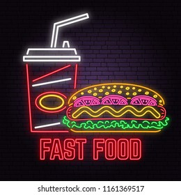 Retro neon hot dog and cola sign on brick wall background. Design for cafe, restaurant. Vector. Neon design for shop, bar, pub or fast food business. Light hot dog and cola sign banner