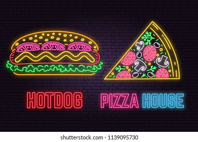 Retro neon hot dog and pizza sign on brick wall background. Design for cafe, restaurant. Vector. Neon design for shop, bar, pub or fast food business. Light hot dog and pizza sign banner. Glass tube.