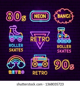 Retro Neon Label Set. Vector Illustration of Trendy Promotion.