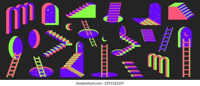 Retro neon ladders and staircases with arch windows and oval holes on dark background. Geometric shapes with purple, green and pink bright colors. Surreal cosmic composition for futuristic design.