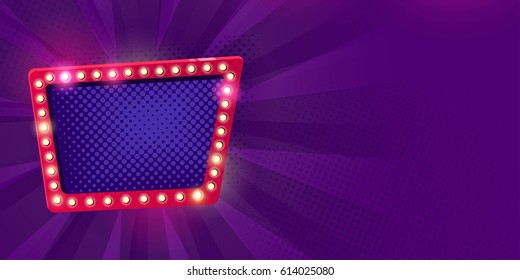 Retro neon Lamps billboard on dark purple background. Billboard frame with bulb lamps. Vector illustration