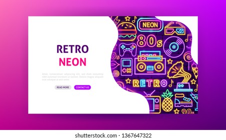 Retro Neon Landing Page. Vector Illustration of Trendy Promotion.
