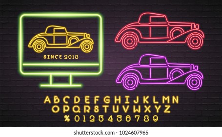 Retro Neon Light Glowing Logotype Sign. Computer Screen Symbol. Retro Cars Different Colour and Alphabet Neon Light Set