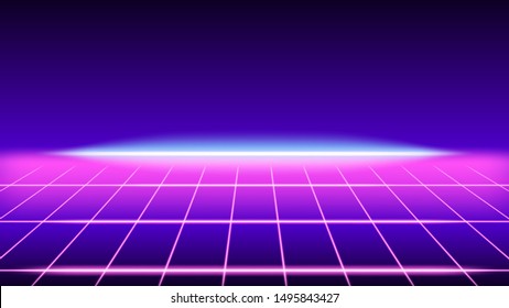 Retro neon light glowing purple grid background