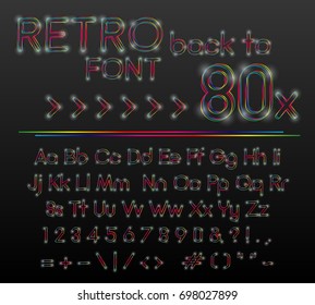 Retro neon light vector font. Rainbow letters.